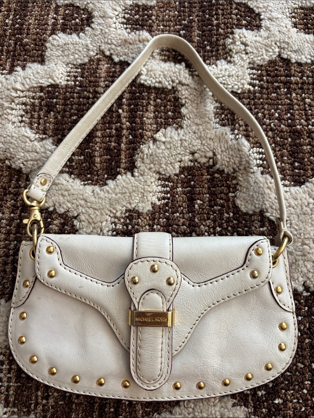 Michael Kors Vanilla Leather Berkley Wristlet Studded Handbag Cellphone Bag